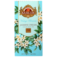 Herbata Basilur Jasmine Dream Ceylon Black Tea 75 g, turkusowe pudełko z białymi kwiatami jaśminu.