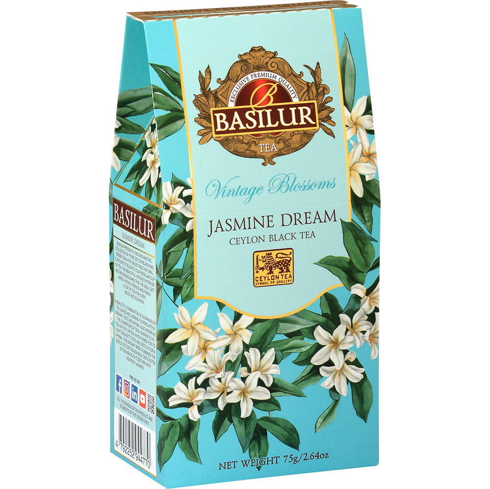 Herbata Basilur Jasmine Dream Ceylon Black Tea, turkusowe pudełko z kwiatami jaśminu, widok z tyłu.