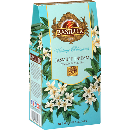 Herbata Basilur Jasmine Dream Ceylon Black Tea, turkusowe pudełko z kwiatami jaśminu, widok z tyłu.