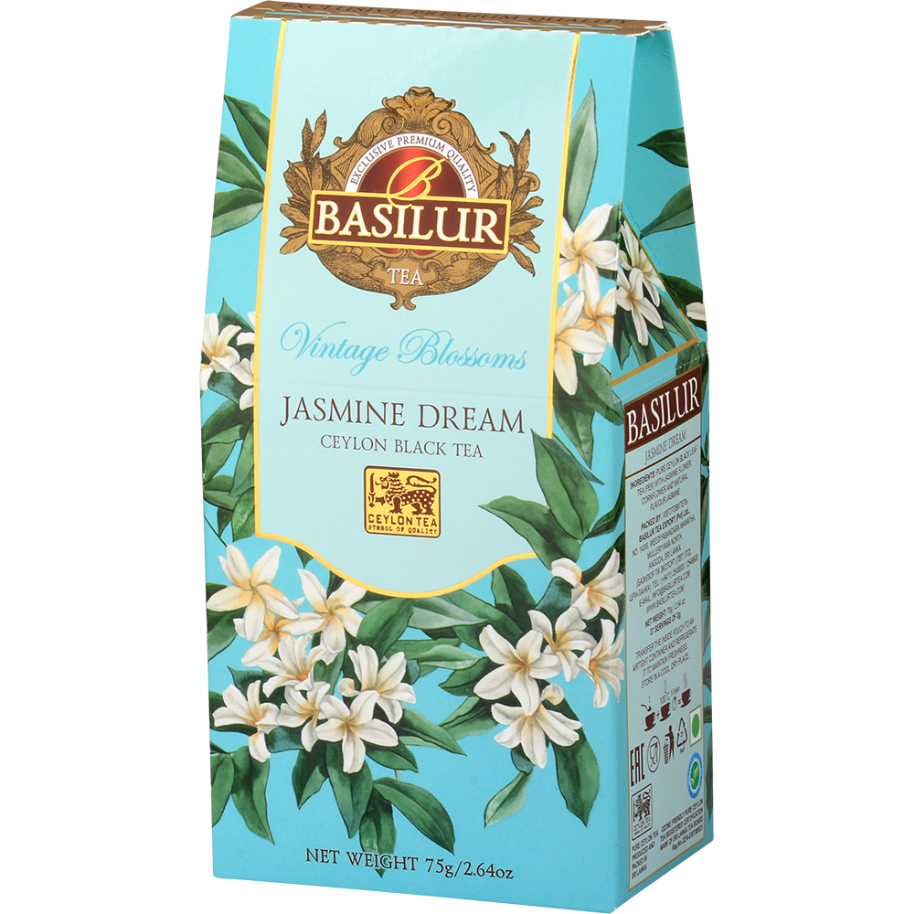 Herbata Basilur Jasmine Dream 75 g, turkusowe pudełko z motywem jaśminu, widok z boku.