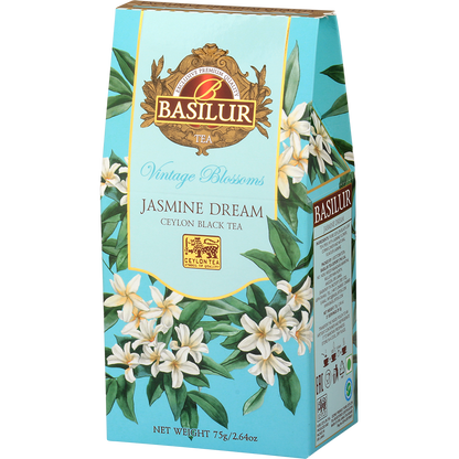 Herbata Basilur Jasmine Dream 75 g, turkusowe pudełko z motywem jaśminu, widok z boku.
