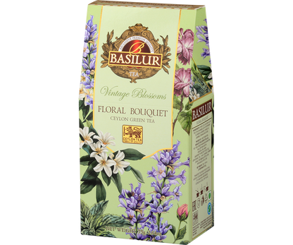 Bok opakowania Basilur Jasmine Dream z informacjami o składzie herbaty i logo Basilur.