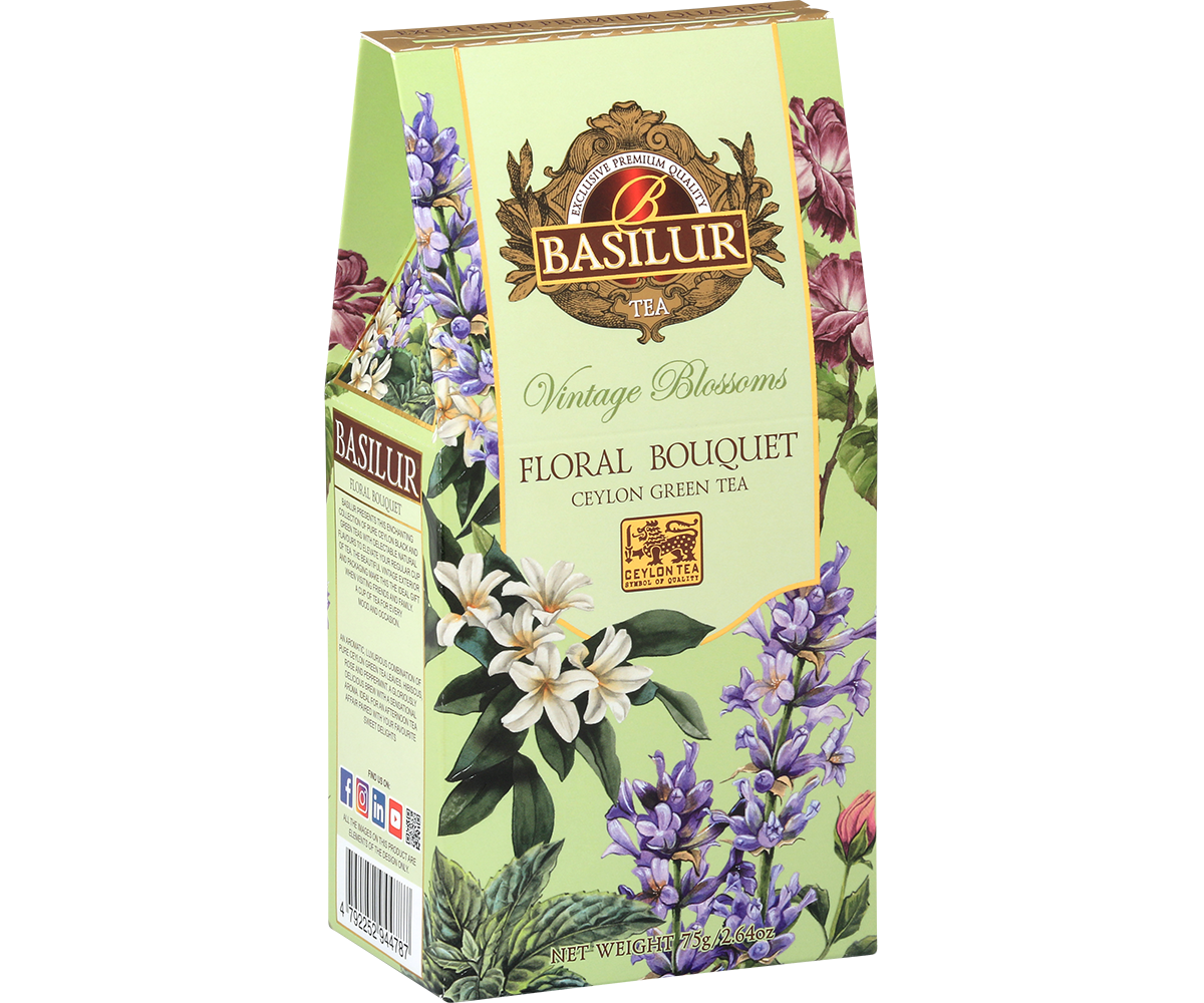 Herbata Basilur Jasmine Dream w ozdobnym kwiatowym pudełku inspirowanym naturą.