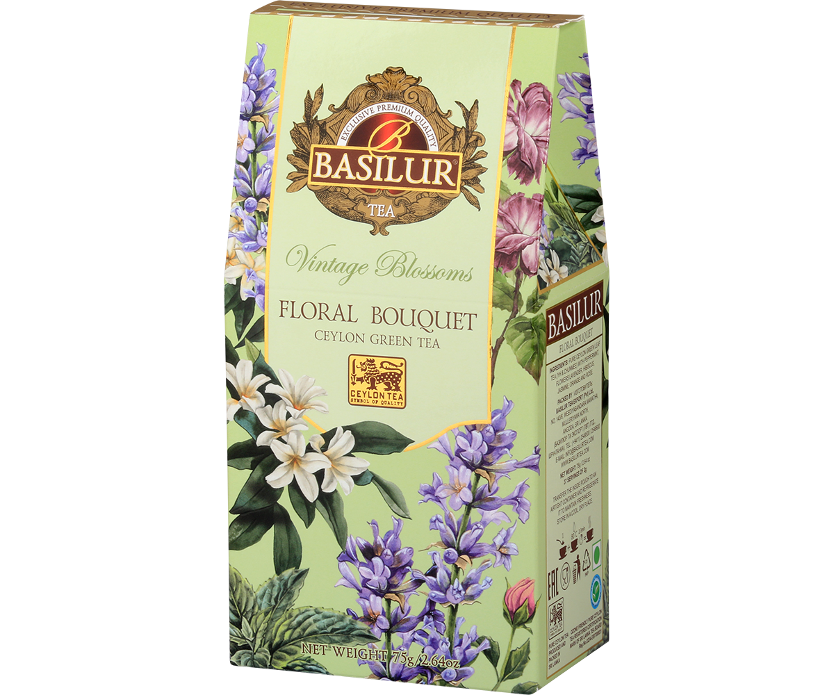 Herbata Basilur Floral Bouquet z kolekcji Vintage Blossoms w jasnozielonym opakowaniu z motywem kwiatów.
