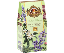 Bok opakowania Basilur Floral Bouquet z opisem składu i ilustracjami kwiatów.