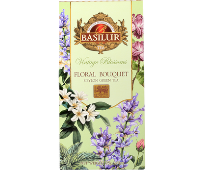 Opakowanie Basilur Floral Bouquet – zielona herbata cejlońska o kwiatowym aromacie jaśminu i lawendy.
