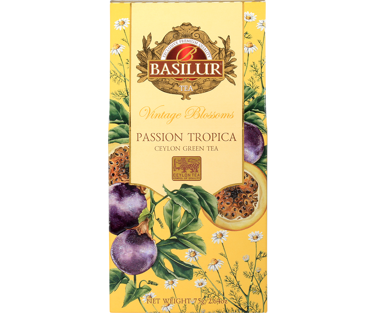 Herbata Basilur Passion Tropica z kolekcji Vintage Blossoms w żółtym opakowaniu z motywem marakui i kwiatów.