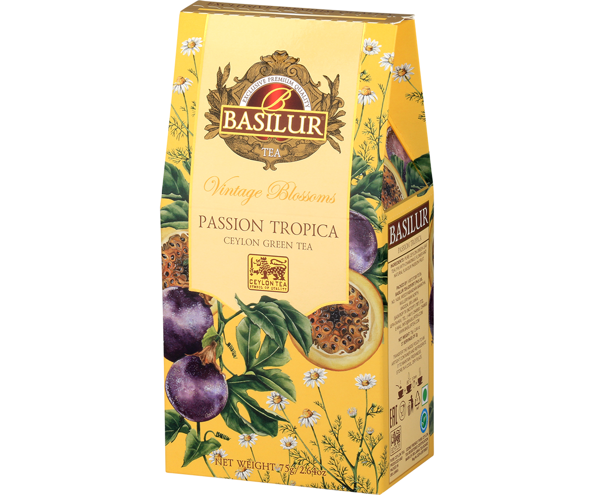 Opakowanie Basilur Passion Tropica – zielona herbata cejlońska o tropikalnym aromacie marakui.