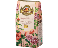 Opakowanie Basilur Rose Fantasy – zielona herbata cejlońska z dodatkiem płatków róży.