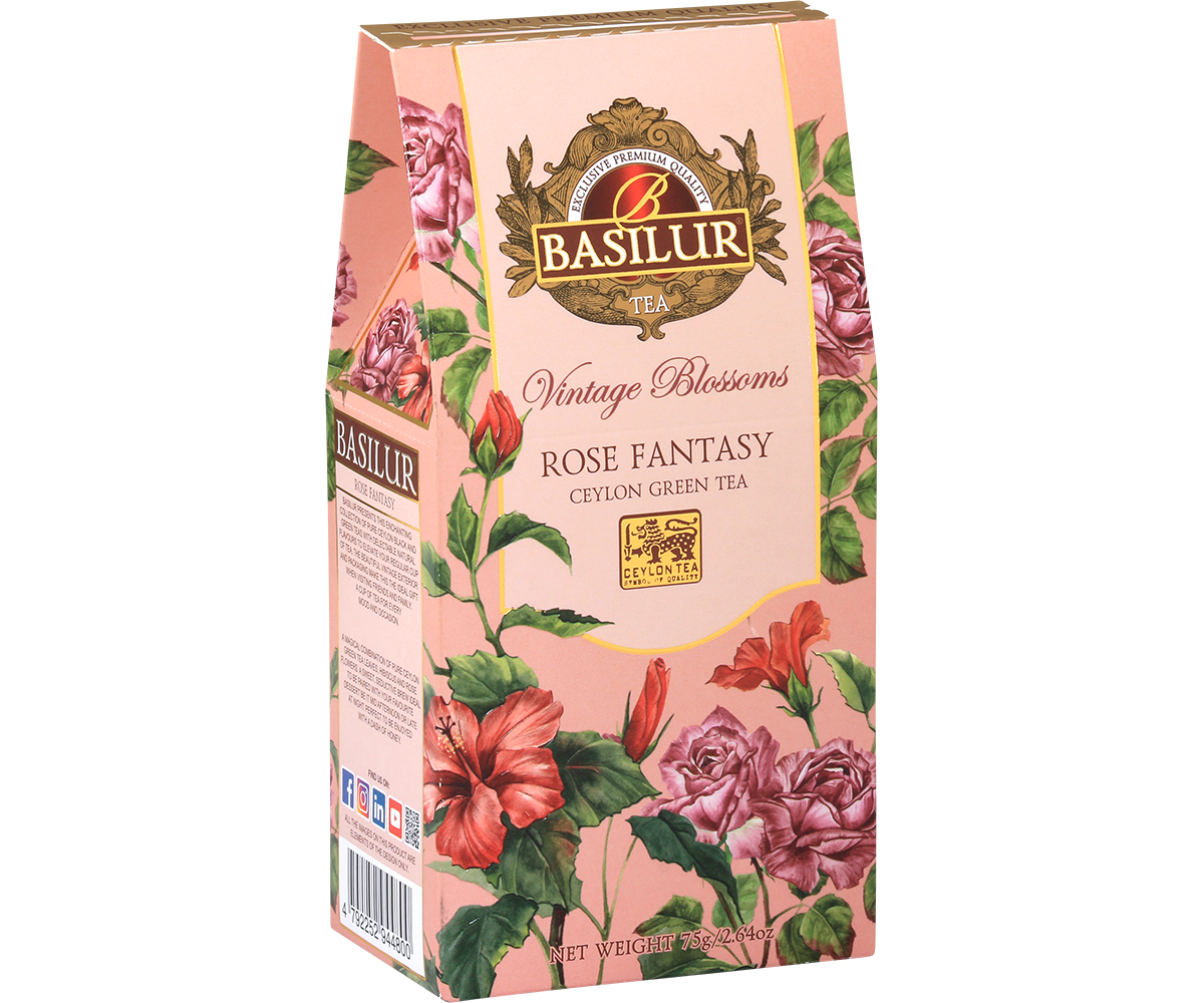 Bok opakowania Basilur Rose Fantasy z opisem składu i kwiatową grafiką.