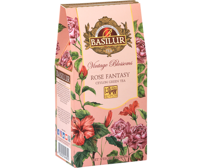 Bok opakowania Basilur Rose Fantasy z opisem składu i kwiatową grafiką.