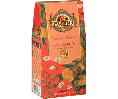 Bok opakowania Basilur Citrus Bliss z opisem składu i ilustracjami pomarańczy oraz kwiatów.
