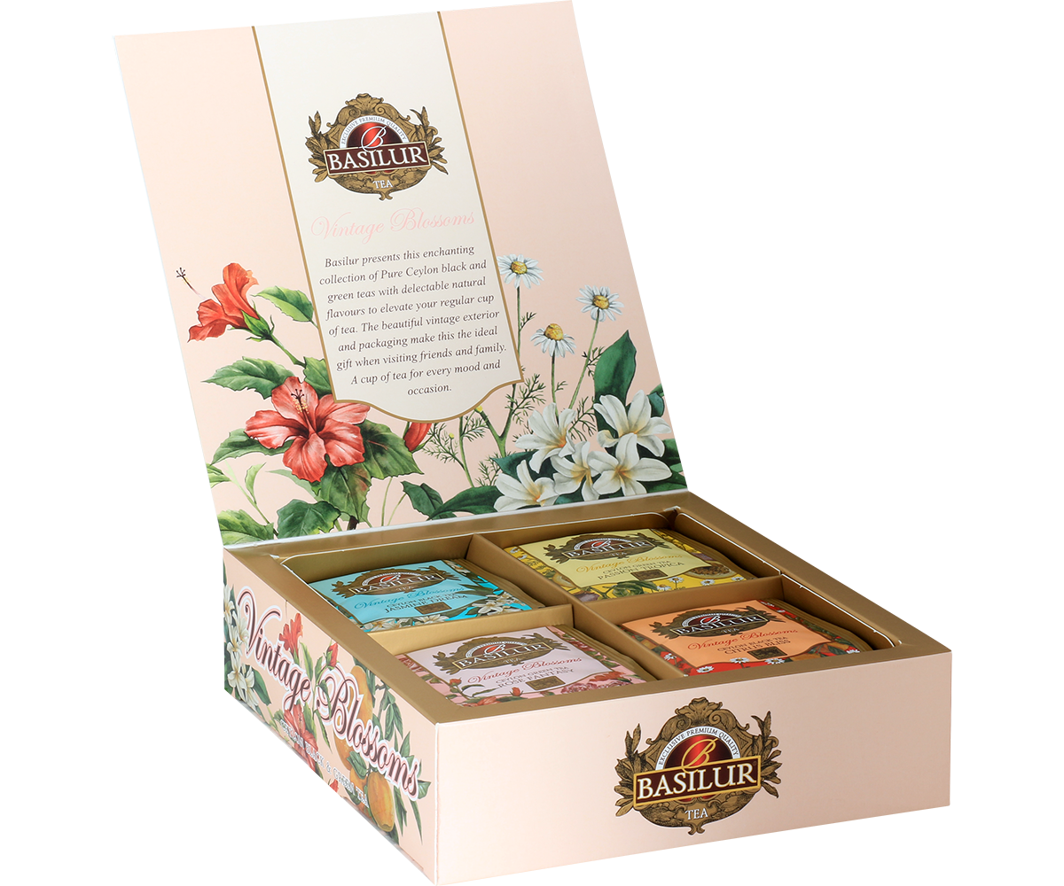 Otwarte pudełko Basilur Vintage Blossoms prezentujące cztery rodzaje herbat.