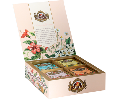 Otwarte pudełko Basilur Vintage Blossoms prezentujące cztery rodzaje herbat.