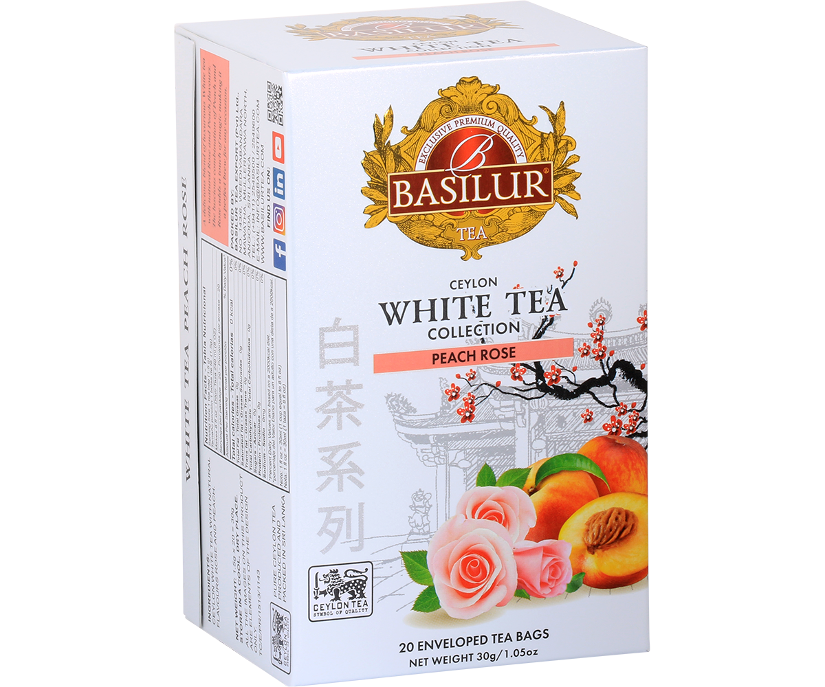 Opakowanie herbaty Basilur Peach Rose 20 x 1,5 g – biała herbata w kopertach z brzoskwinią i różą.