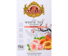 Front pudełka Basilur Peach Rose – elegancka biała herbata o aromacie różanym i owocowym.
