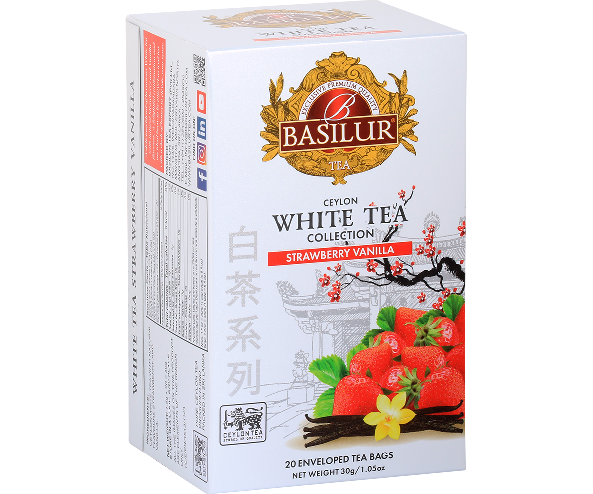 Opakowanie herbaty Basilur Strawberry Vanilla 20 x 1,5 g – biała herbata z truskawką i wanilią.