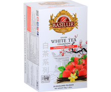 Opakowanie herbaty Basilur Strawberry Vanilla 20 x 1,5 g – biała herbata z truskawką i wanilią.