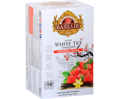 Opakowanie herbaty Basilur Strawberry Vanilla 20 x 1,5 g – biała herbata z truskawką i wanilią.