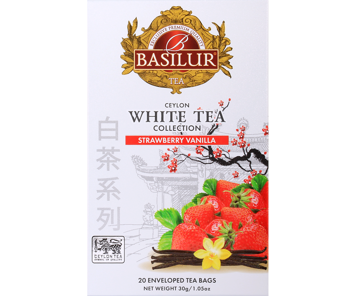 Front pudełka Basilur Strawberry Vanilla – elegancka biała herbata o aromacie truskawkowo-waniliowym.