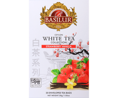 Front pudełka Basilur Strawberry Vanilla – elegancka biała herbata o aromacie truskawkowo-waniliowym.