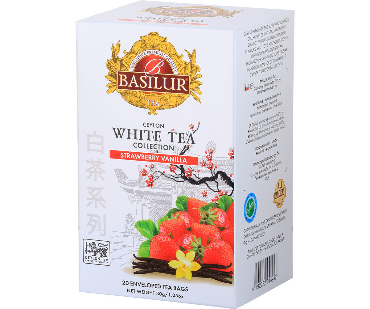 Bok opakowania Basilur Strawberry Vanilla – skład i opis białej herbaty premium z nutą deserową.