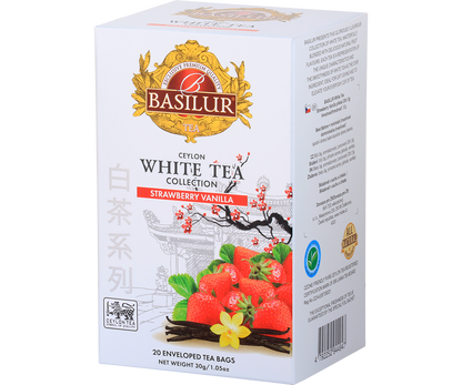Bok opakowania Basilur Strawberry Vanilla – skład i opis białej herbaty premium z nutą deserową.