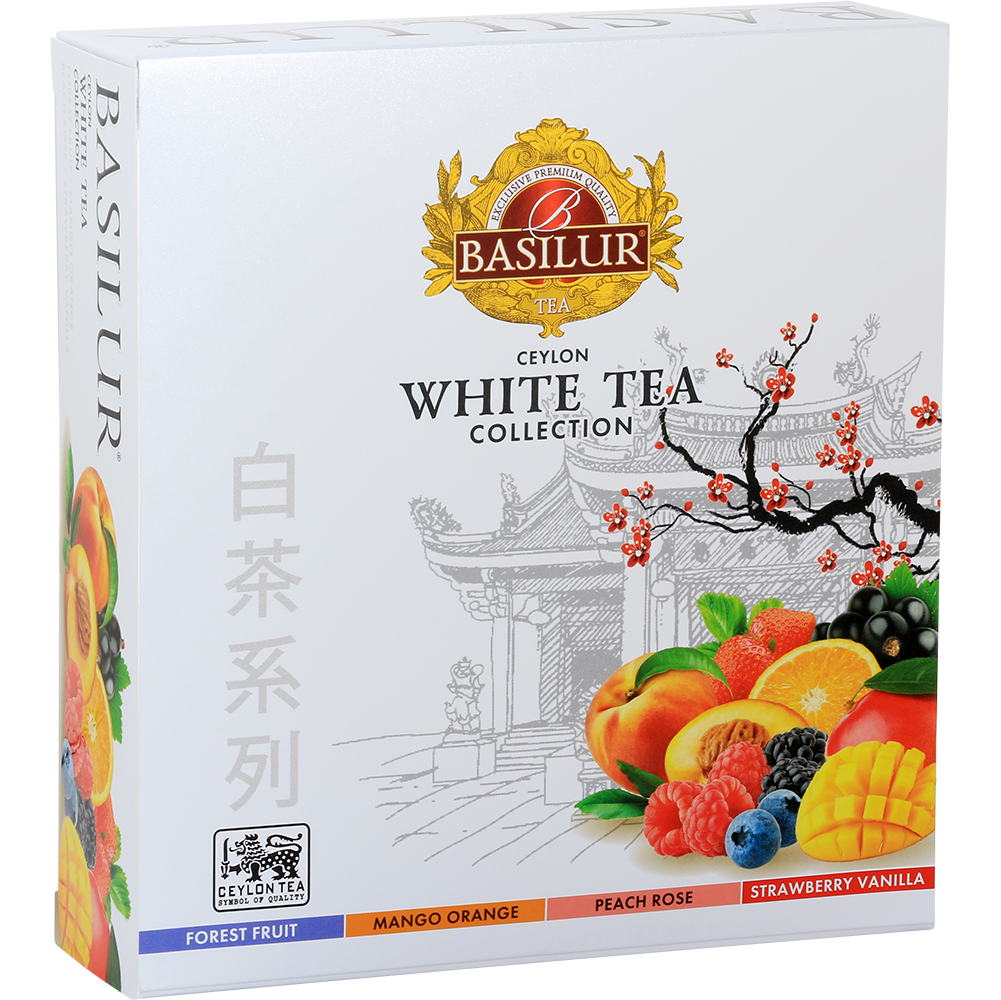 Zestaw herbat Basilur White Tea Collection w eleganckim opakowaniu z owocami i motywem orientalnym.
