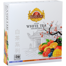 Zestaw herbat Basilur White Tea Collection w eleganckim opakowaniu z owocami i motywem orientalnym.