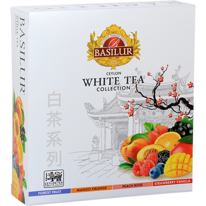 Zestaw herbat Basilur White Tea Collection w eleganckim opakowaniu z owocami i motywem orientalnym.