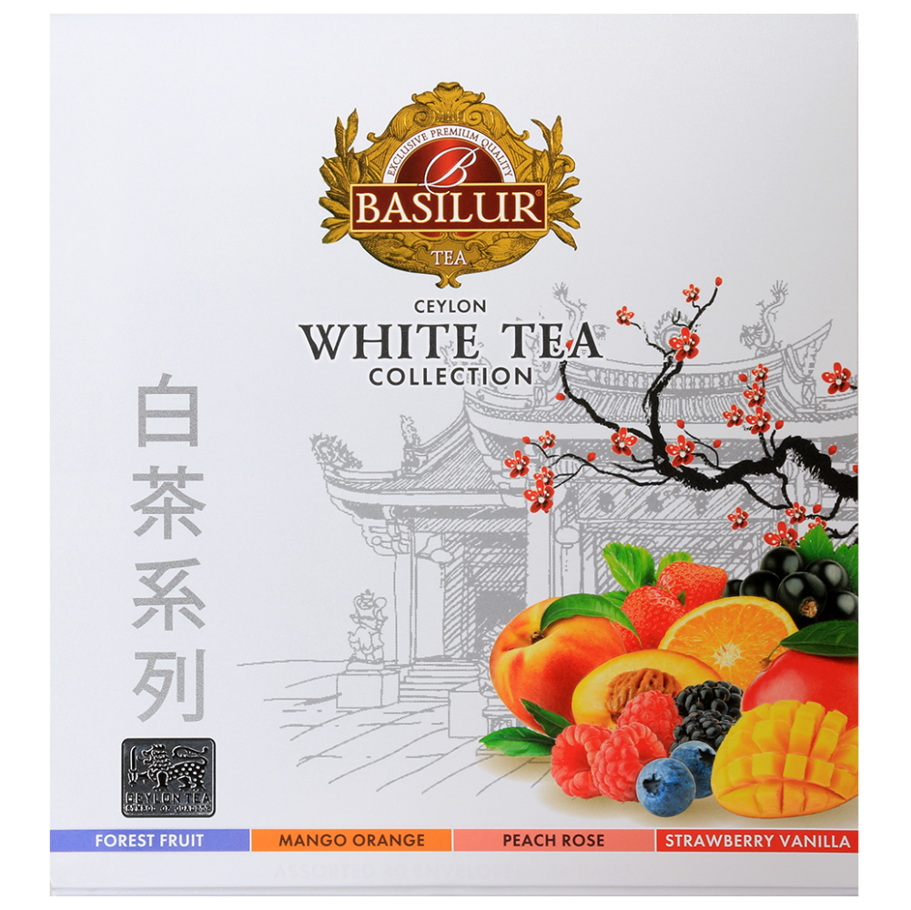 Opakowanie Basilur White Tea Collection z widocznymi smakami: Forest Fruit, Mango Orange, Peach Rose, Strawberry Vanilla.