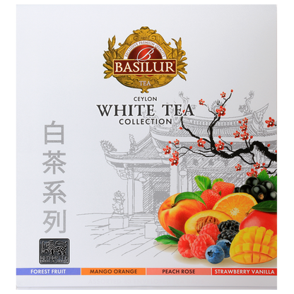 Opakowanie Basilur White Tea Collection z widocznymi smakami: Forest Fruit, Mango Orange, Peach Rose, Strawberry Vanilla.