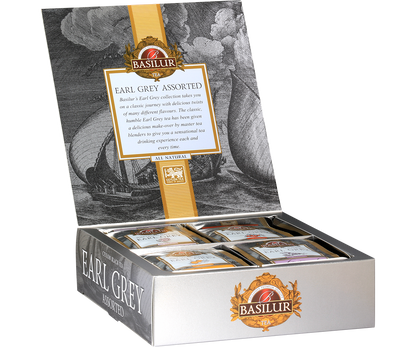 Otwarty zestaw herbat Basilur Earl Grey Assorted z widocznymi torebkami herbaty wewnątrz.