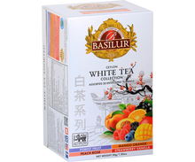 Zestaw białych herbat Basilur White Tea – widok z góry na pudełko i etykiety smaków.