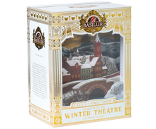 Opakowanie herbaty Basilur Act I: First Snow 75 g z motywem zimowego teatru.