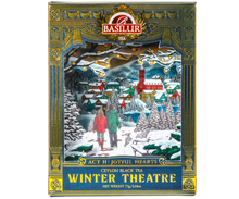 Bok opakowania herbaty Basilur Act II: Joyful Hearts z eleganckim wzorem w stylu teatralnym.