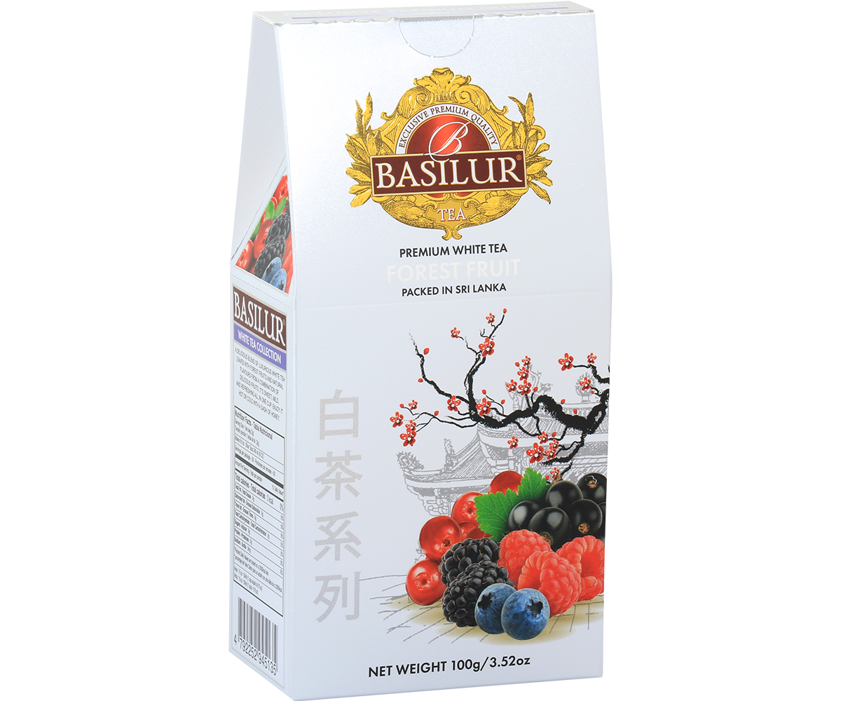 Opakowanie herbaty Basilur Forest Fruit 100 g – biała herbata z aromatem owoców leśnych.