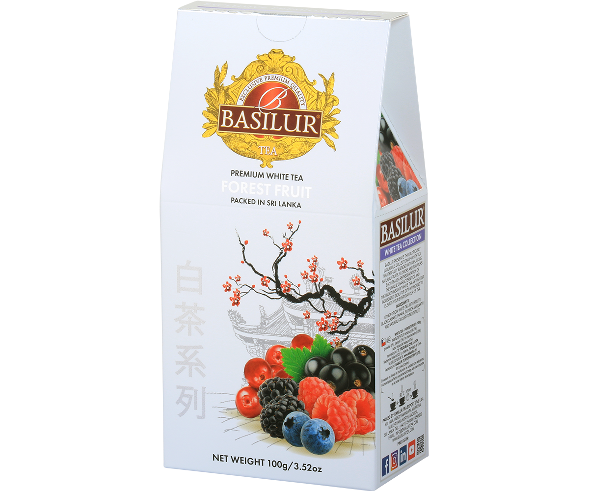 Bok opakowania Basilur Forest Fruit - opis i skład białej herbaty premium z owocami leśnymi.