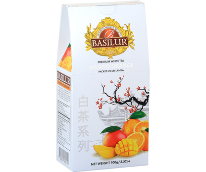 Opakowanie herbaty Basilur Mango Orange 100 g – biała herbata z mango i pomarańczą.