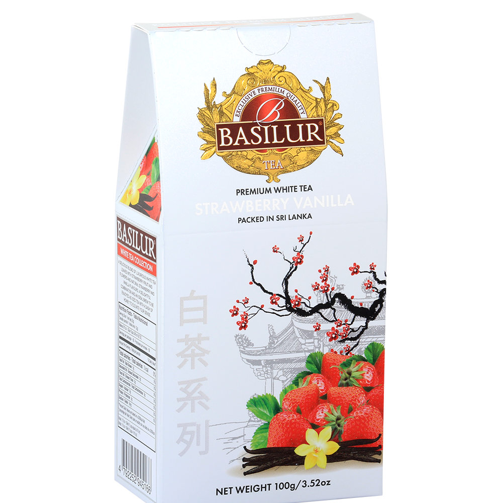 Opakowanie herbaty Basilur Strawberry Vanilla 100 g – biała herbata z truskawką i wanilią.