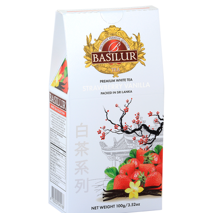 Opakowanie herbaty Basilur Strawberry Vanilla 100 g – biała herbata z truskawką i wanilią.