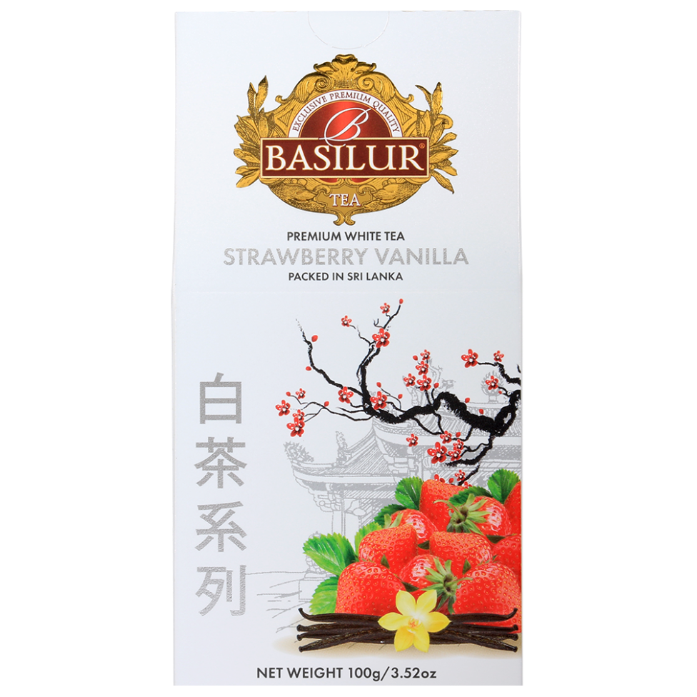 Front pudełka Basilur Strawberry Vanilla – elegancka biała herbata o owocowo-waniliowym aromacie.
