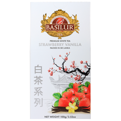 Front pudełka Basilur Strawberry Vanilla – elegancka biała herbata o owocowo-waniliowym aromacie.