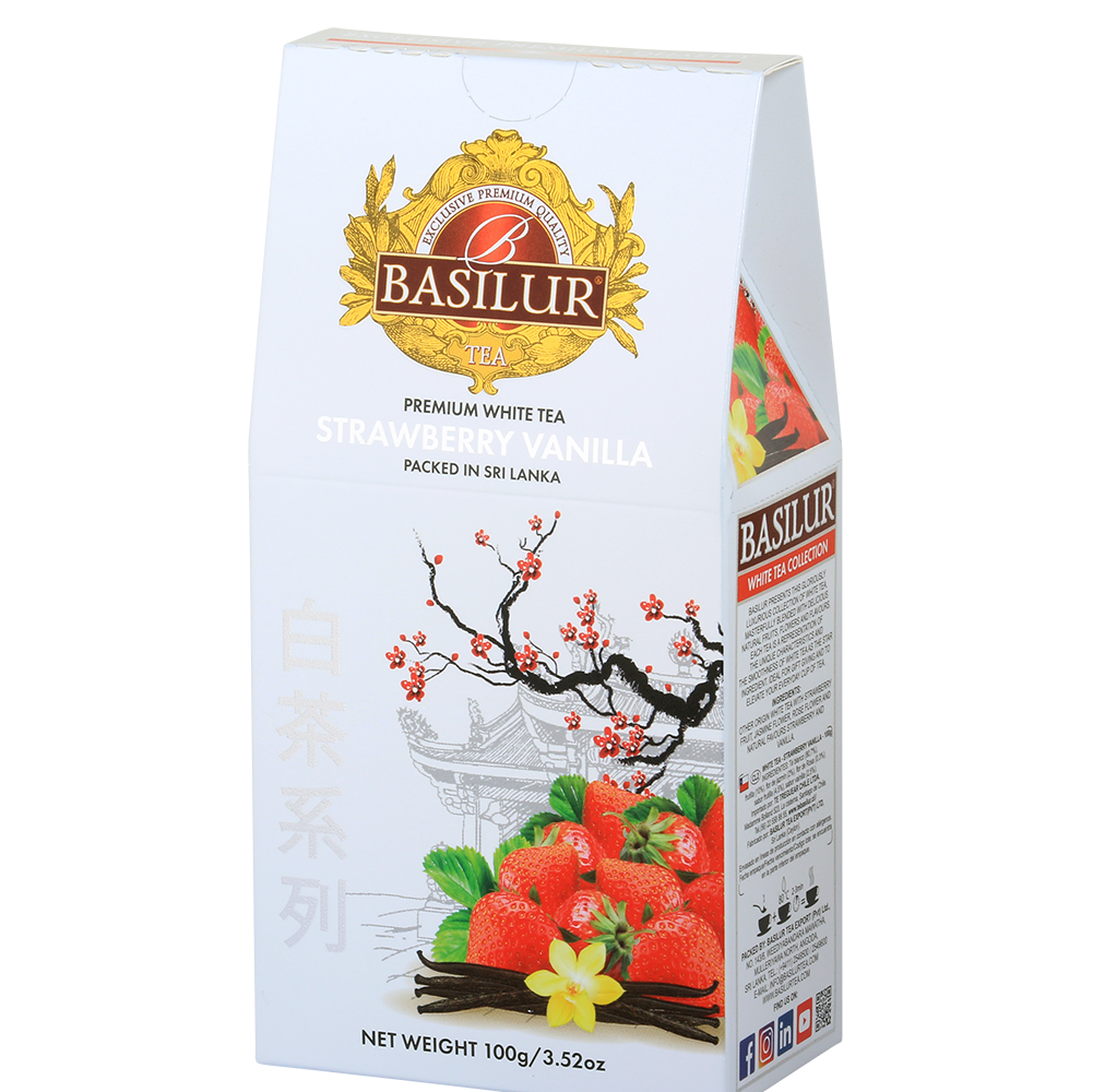 Bok opakowania Basilur Strawberry Vanilla – skład i informacje o białej herbacie premium ze Sri Lanki.