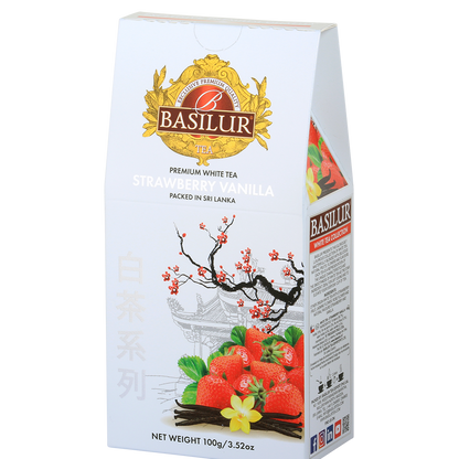 Bok opakowania Basilur Strawberry Vanilla – skład i informacje o białej herbacie premium ze Sri Lanki.