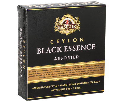 Zbliżenie pudełka Basilur Ceylon Black Essence z detalami złotego zdobienia.