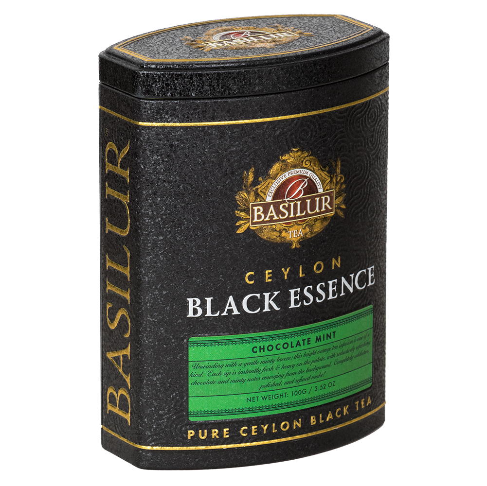 Bok puszki Basilur Black Essence Chocolate Mint – ekskluzywne opakowanie czarnej herbaty cejlońskiej.