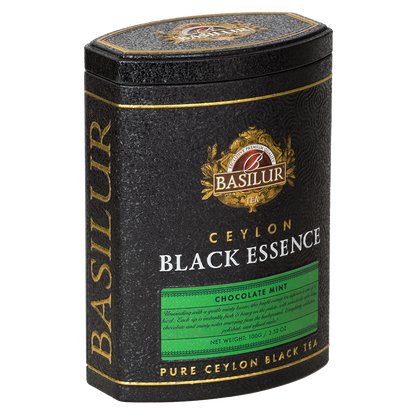Bok puszki Basilur Black Essence Chocolate Mint – ekskluzywne opakowanie czarnej herbaty cejlońskiej.