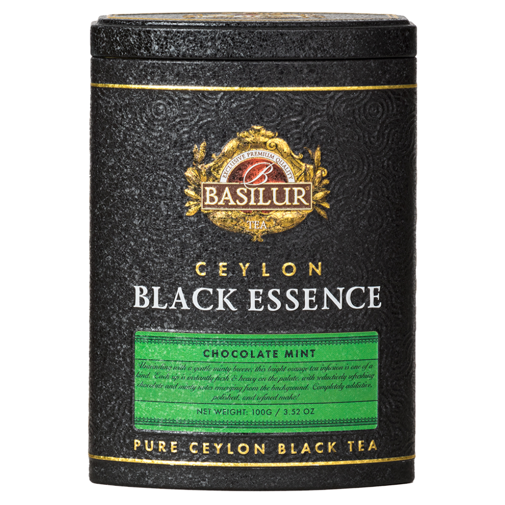 Elegancka czarna puszka Basilur Black Essence Chocolate Mint – herbata cejlońska o smaku czekolady i mięty.