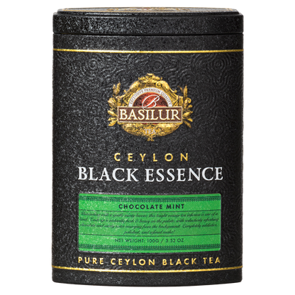 Elegancka czarna puszka Basilur Black Essence Chocolate Mint – herbata cejlońska o smaku czekolady i mięty.